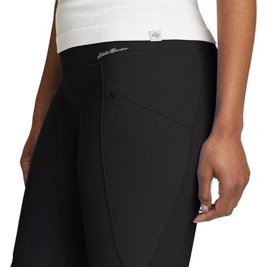 Black compression biker shorts with Eddie Bauer waistband logo and side seam pocket detail