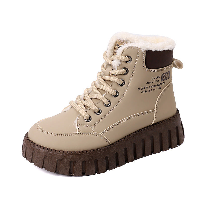 Khaki Snowboots mit Schnürung, Kunstfellfutter und dicker Profilsohle