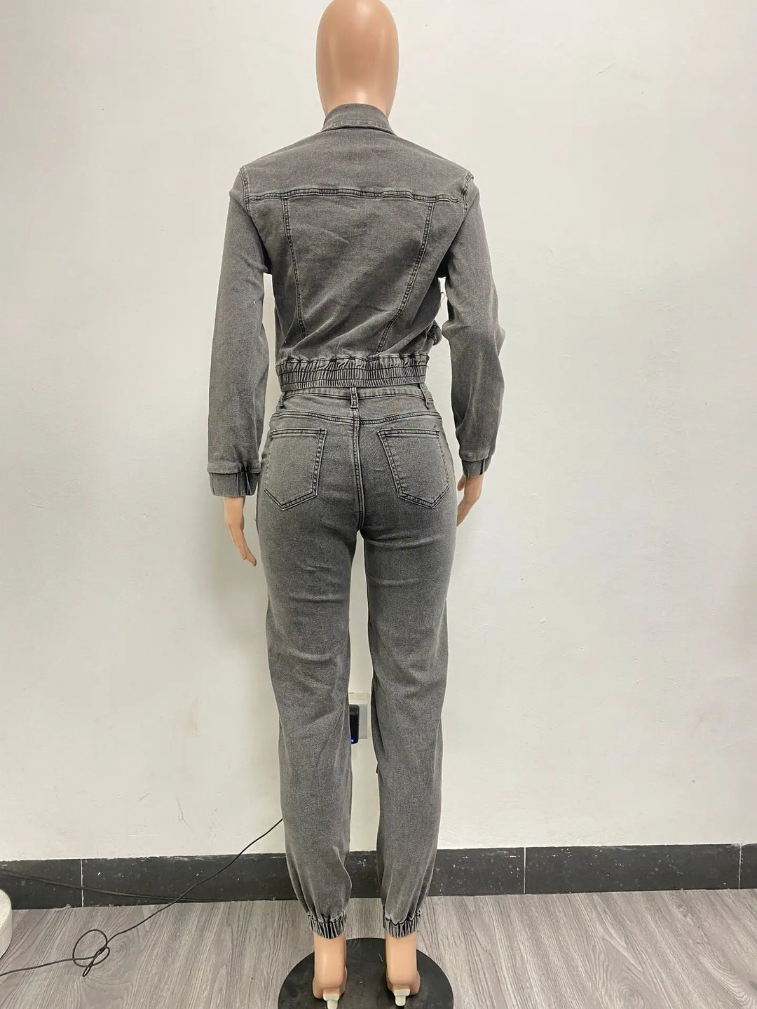 Dark gray denim set, back view with zip jacket and cargo jogger pants