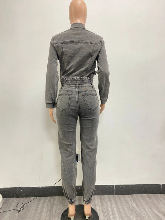 Dark gray denim set, back view with zip jacket and cargo jogger pants