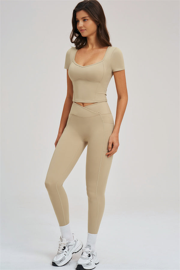 Almond 2-piece set, angled front: scoop-neck tee with cropped hem