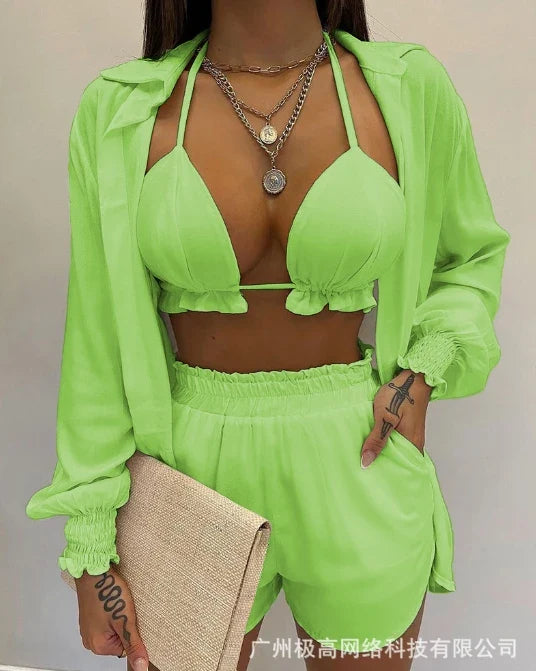 Lime green lantern-sleeve crop top and ruffle-trim shorts set, exposed midriff