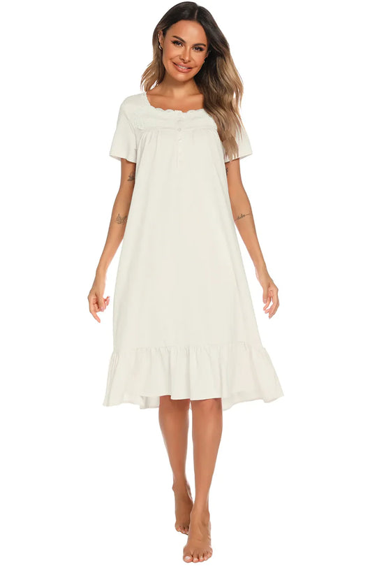Lace-detailed square-neck lounge dress in white, short sleeves and ruffle hem