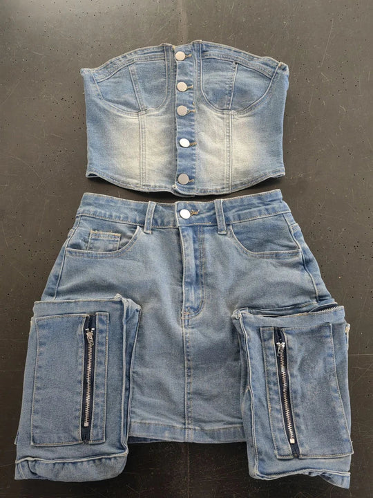 Light-wash denim cropped top and mini skirt set; cargo pockets with zipper details