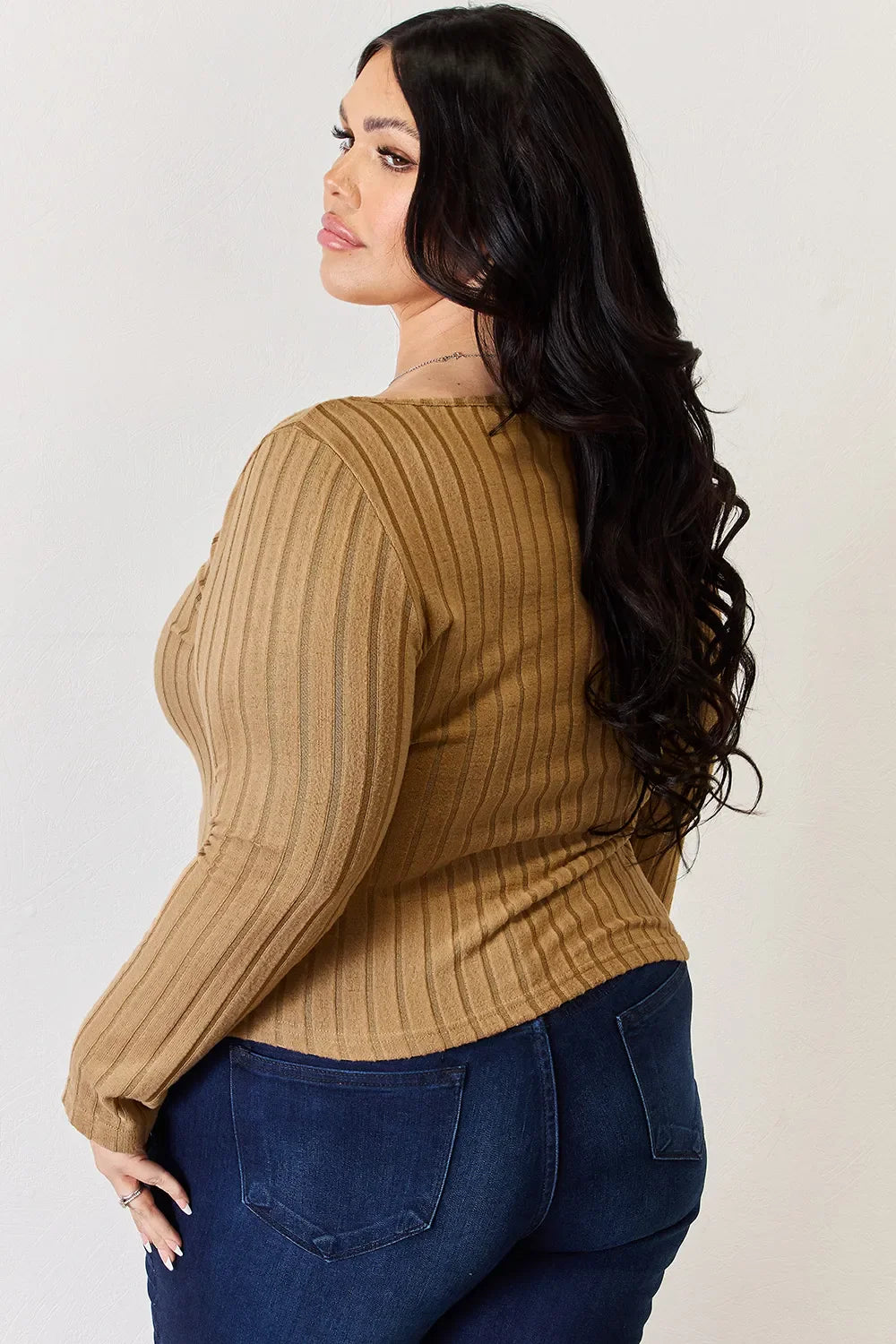 Khaki ribbed long-sleeve T-shirt, back-left angle showing knit ribs