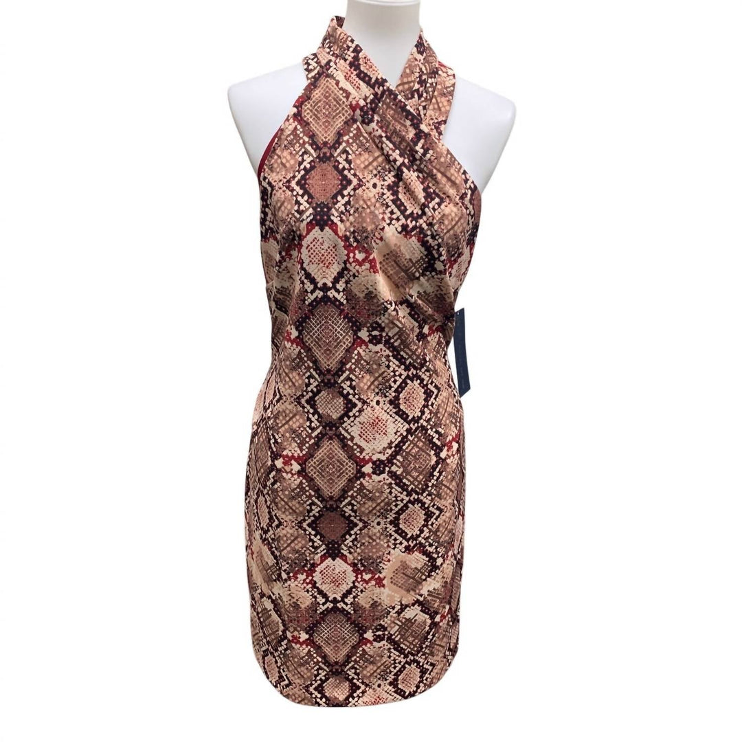 Snake-skin print sheath dress, sleeveless crossover front, brown-orange camo