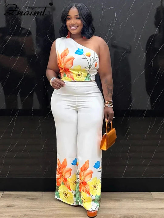 Znaiml Flower print two-piece set: one-shoulder crop top with wide-leg pants, white base