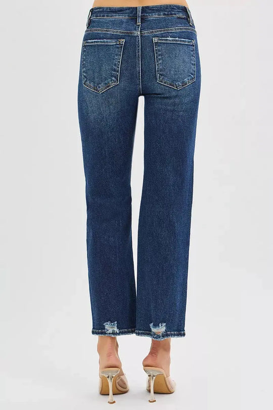 Dark blue high-rise crop slim straight jeans with back yoke and button waistband