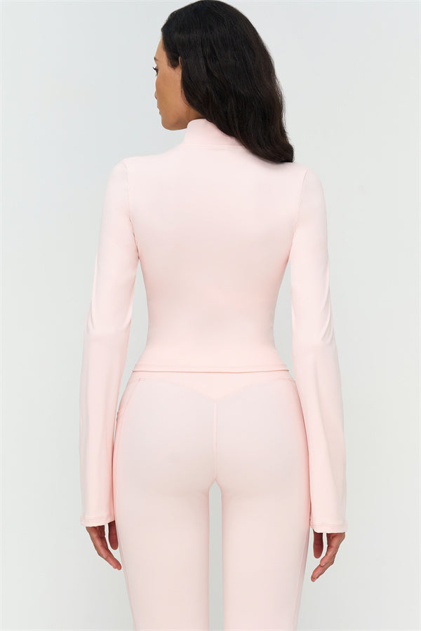 Oyster Pink set (back): zip jacket and flared leggings, light pink