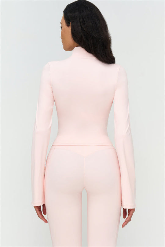 Oyster Pink set (back): zip jacket and flared leggings, light pink