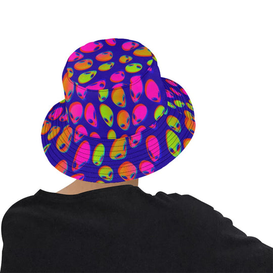 Neon alien print bucket hat with purple base and multicolor faces