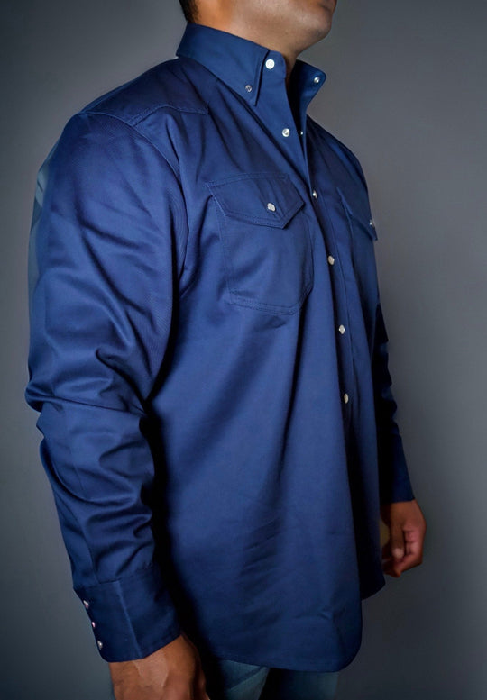 Navy FR western shirt with pearl snap placket, chest pockets, and shoulder tab