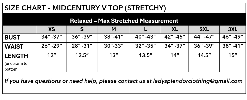 Größentabelle „Midcentury V Top (Stretchy)“: XS bis 3XL, Brust, Taille, Länge