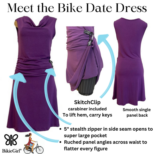 Purple Bike Date Dress showing ruched waist and smooth single back panel