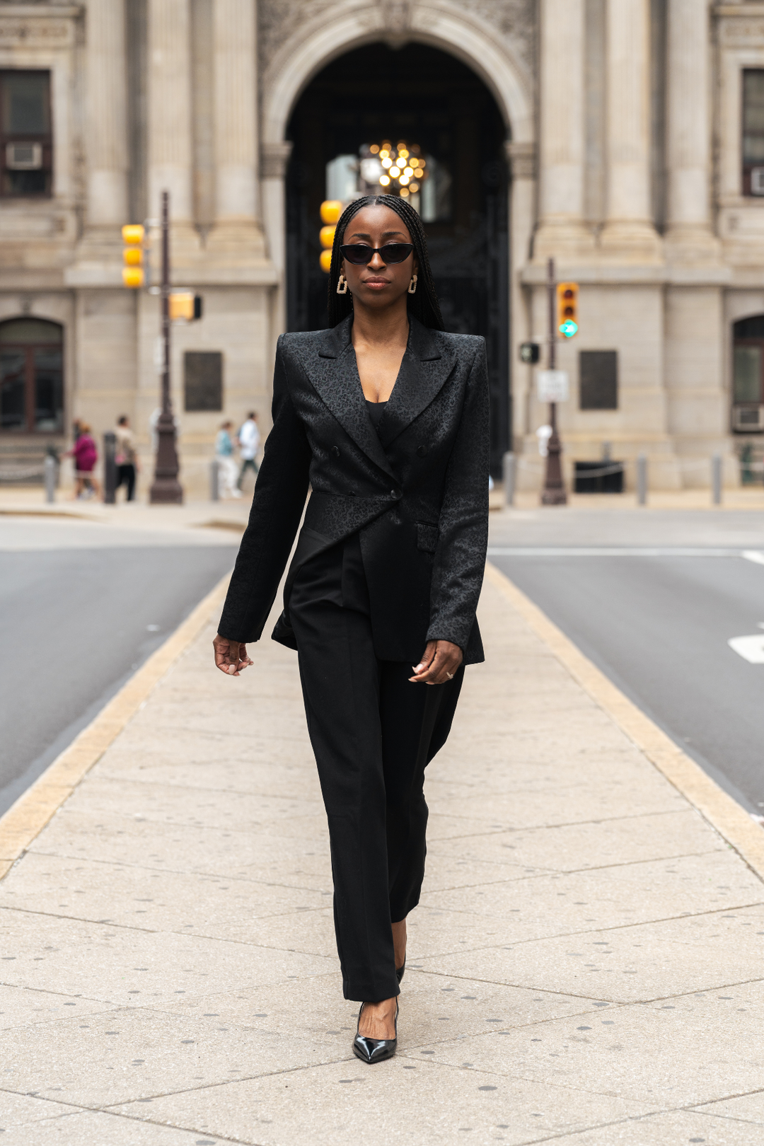PREMIER blazer black textured, wrap-draped front with two-button detail