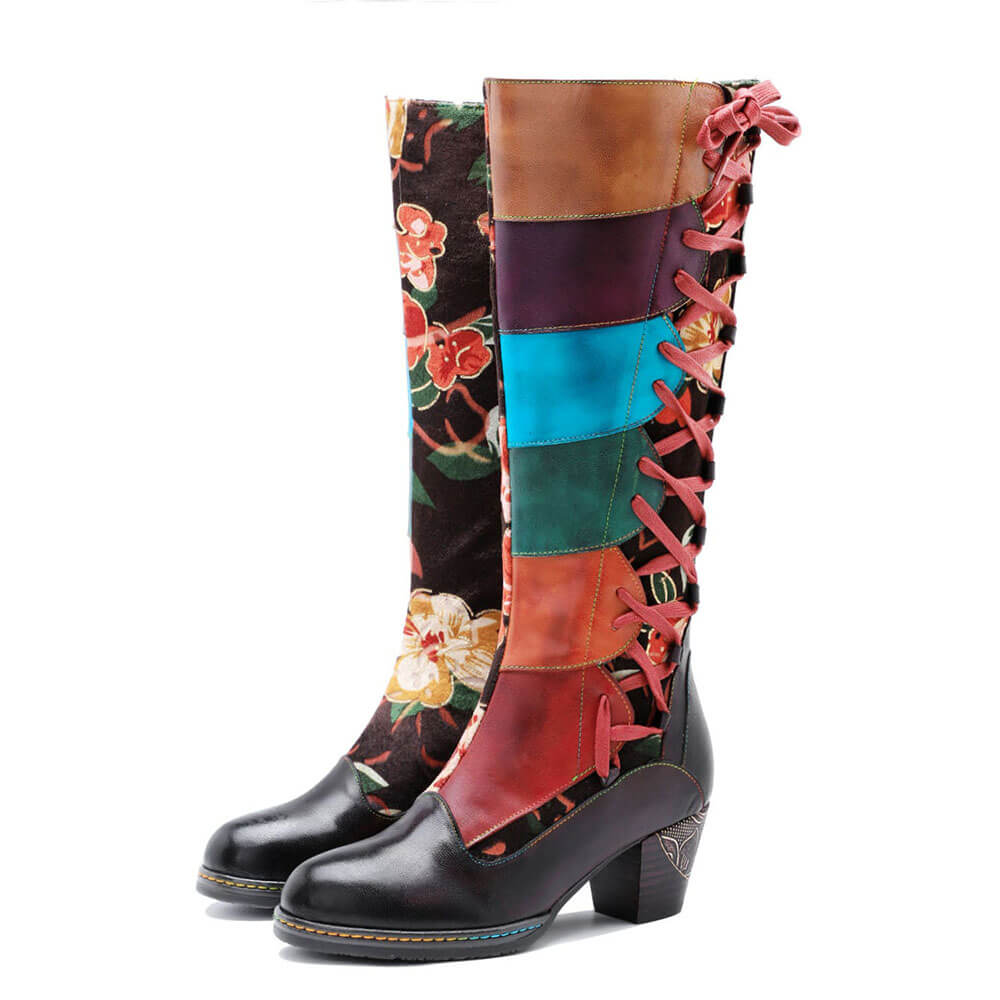 Handmade leather boots with lace-up front, multicolor panels and block heel