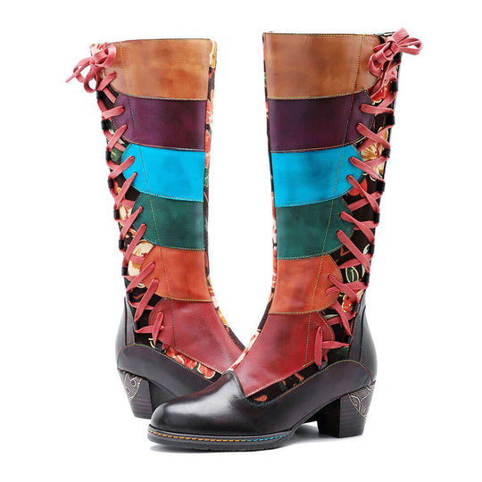 Pair of leather lace-up boots, multicolor patchwork panels, high shaft, block heel