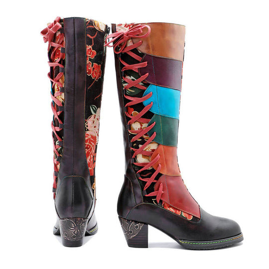 Leather lace-up boots from side and back, multicolor paneling and red laces