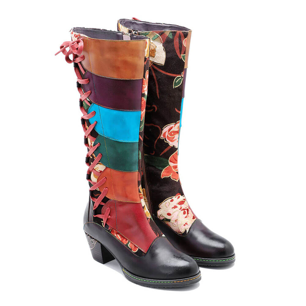 Leather lace-up boots with multicolor front panels and floral-look side panels