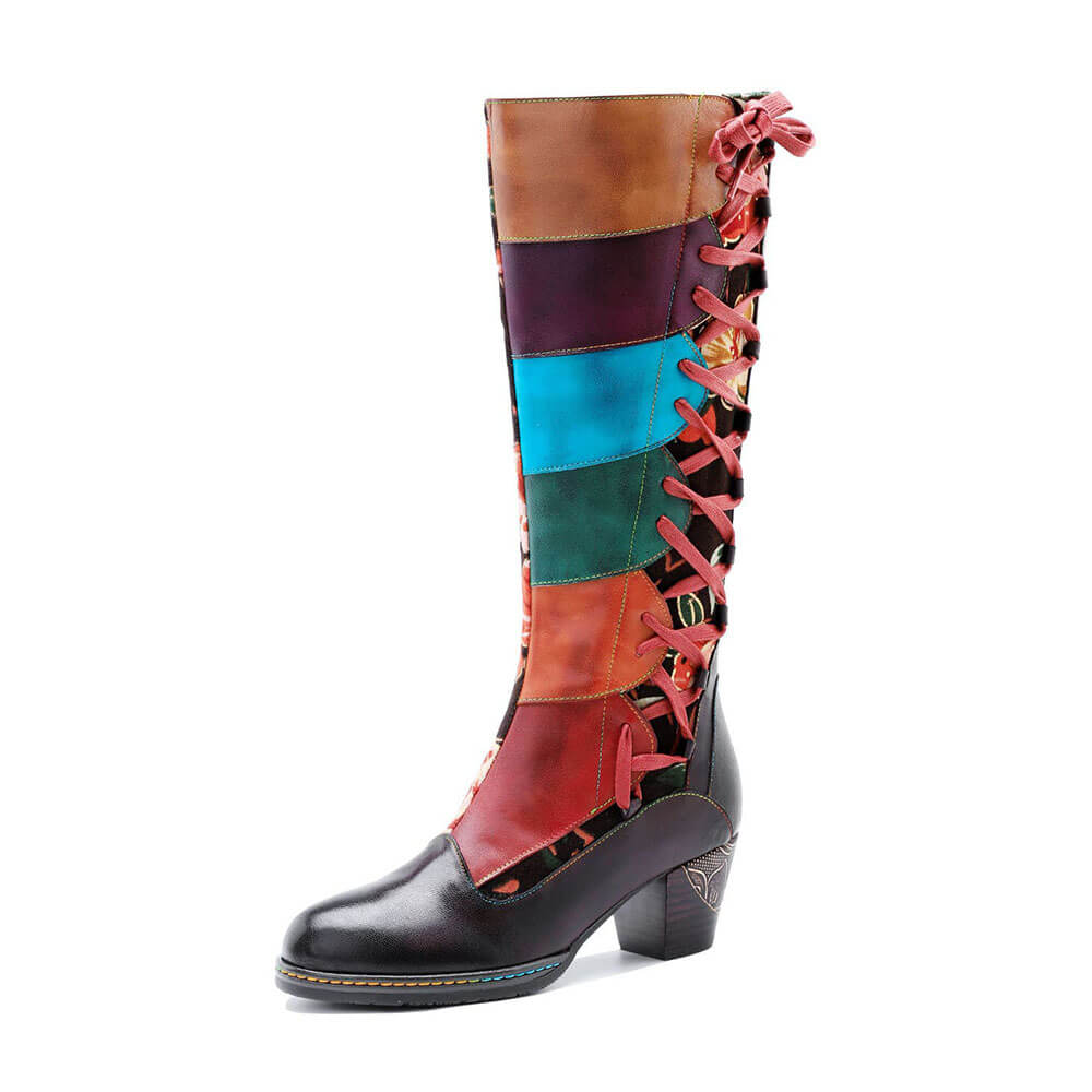 Side view leather lace-up boots, multicolor patchwork and sculpted block heel