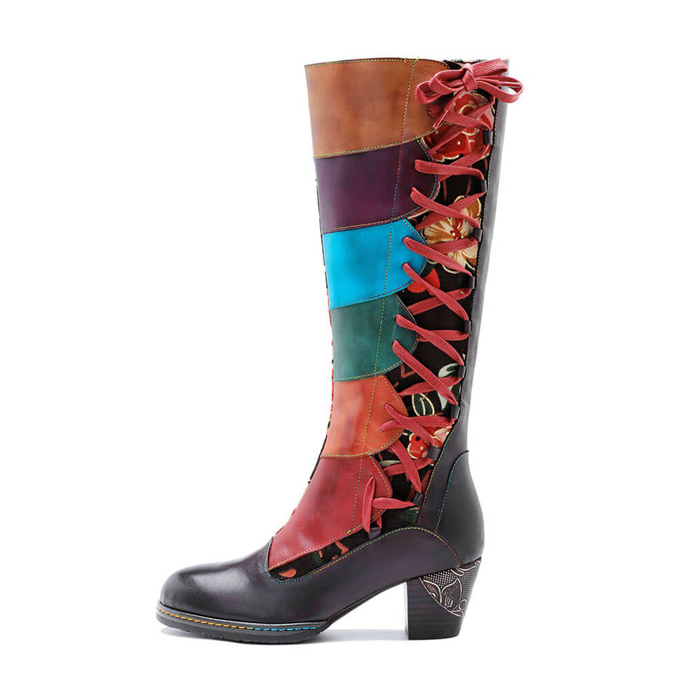 Leather boots with lace-up front, multicolor panels, curved heel detail, tall shaft
