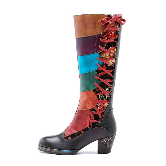 Leather boots with lace-up front, multicolor panels, curved heel detail, tall shaft