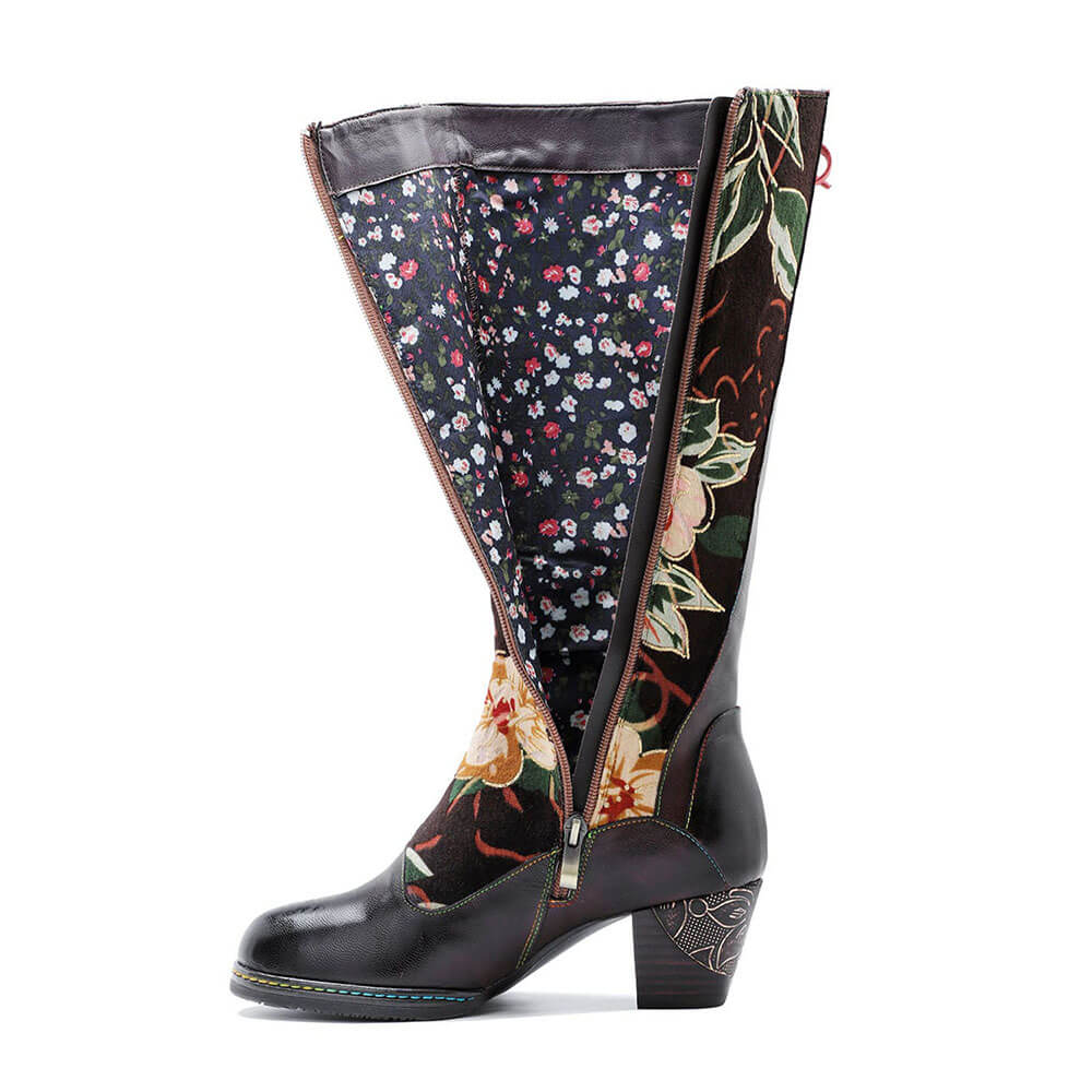 Handmade embossed leather boots, side zip, adjustable fit, floral lining
