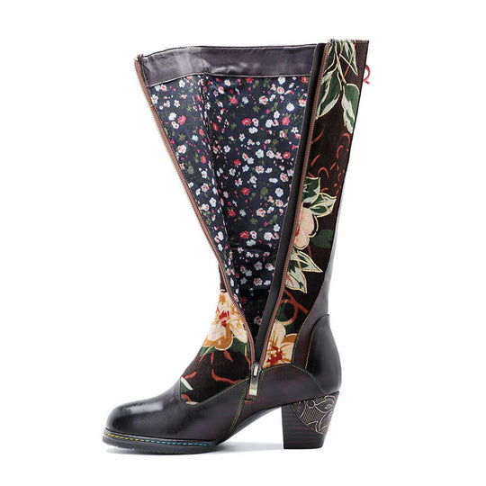 Handmade embossed leather boots, side zip, adjustable fit, floral lining