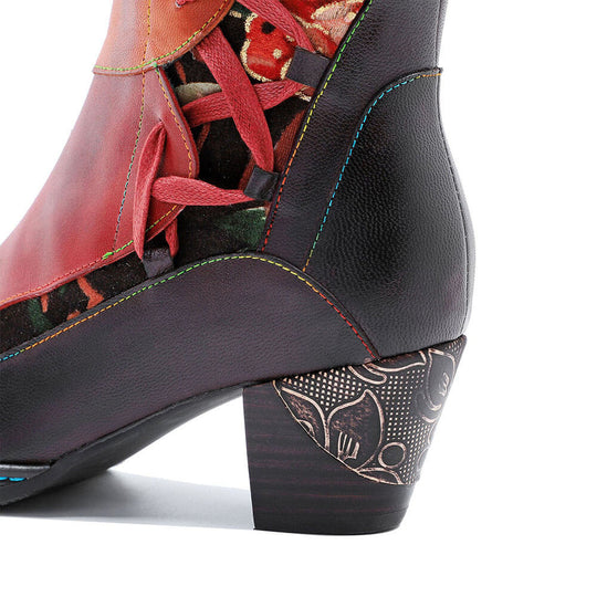 Leather boot heel with patterned lining, curved back seam, multicolor stitching