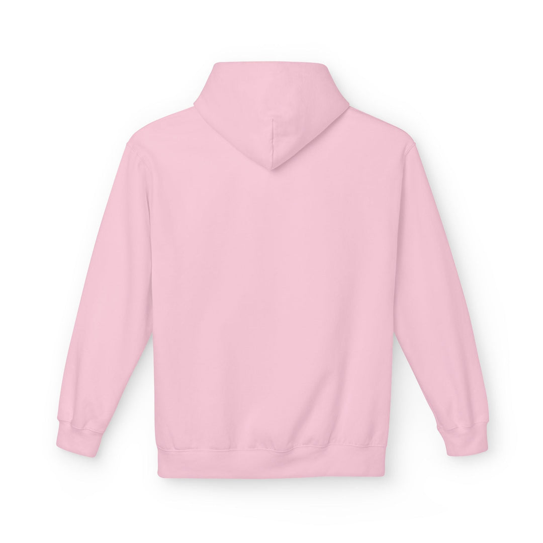 Light pink pullover hoodie with front hood and kangaroo pocket, solid color.