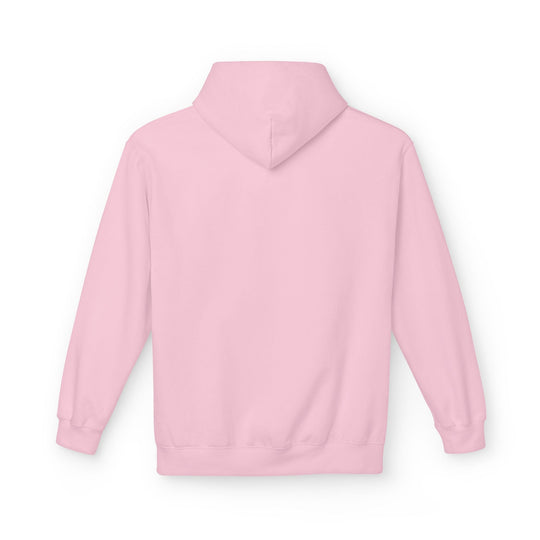 Light pink pullover hoodie with front hood and kangaroo pocket, solid color.