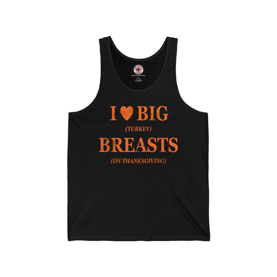 Black tank top with “I ♥ BIG BREASTS” text and orange “Turkey” detail