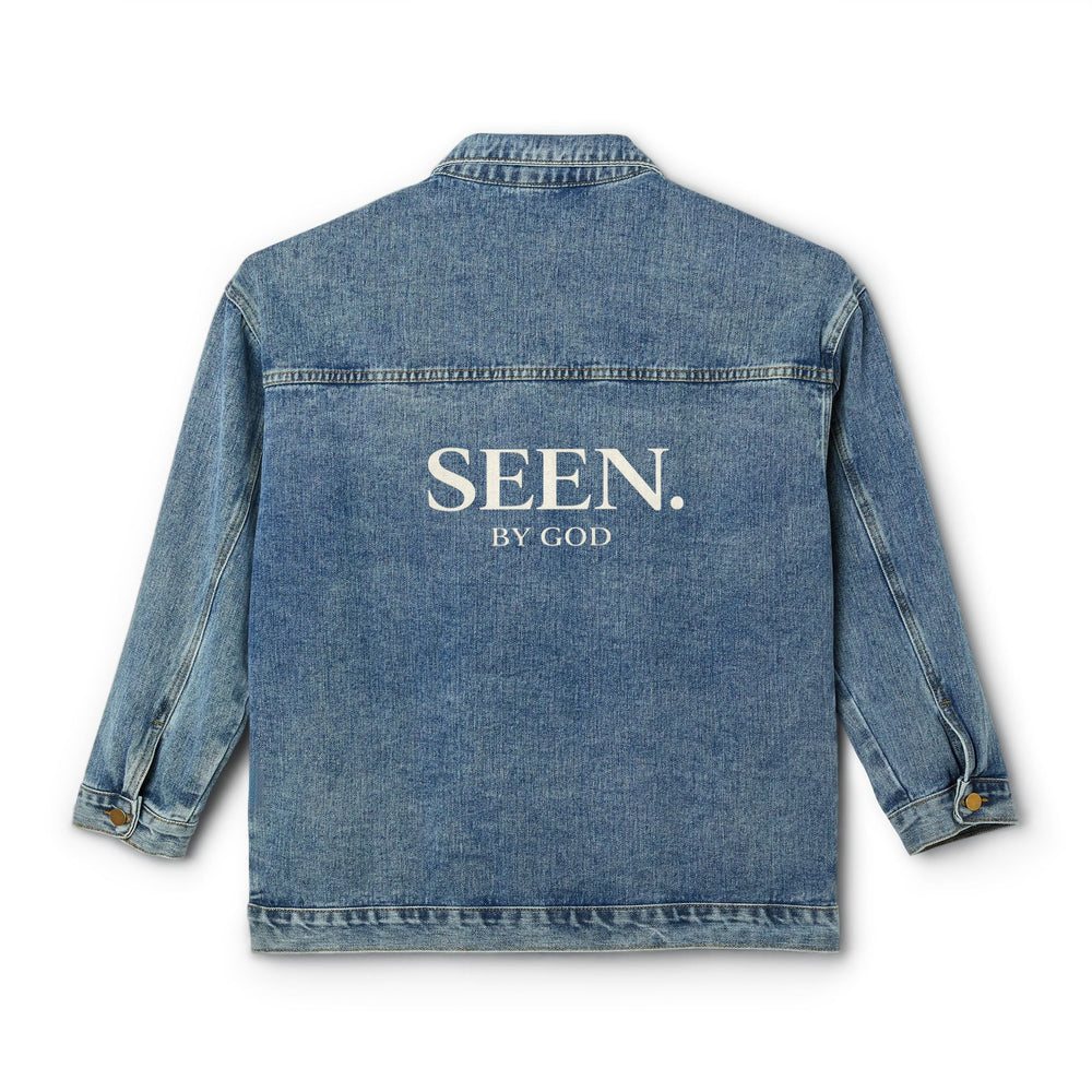 Back view of SEEN. BY GOD denim jacket in medium wash with centered text logo.