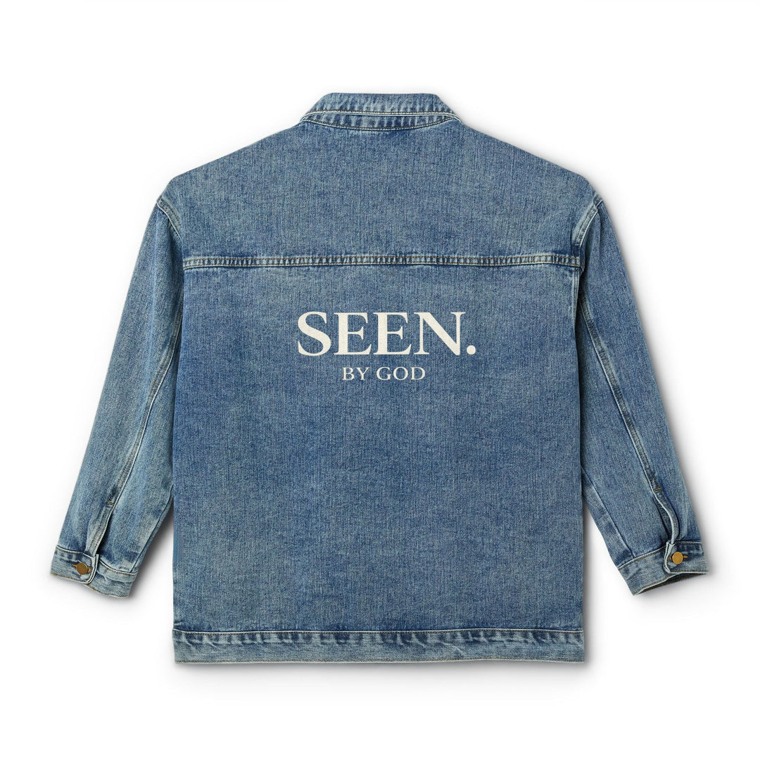 Back view of SEEN. BY GOD denim jacket in medium wash with centered text logo.