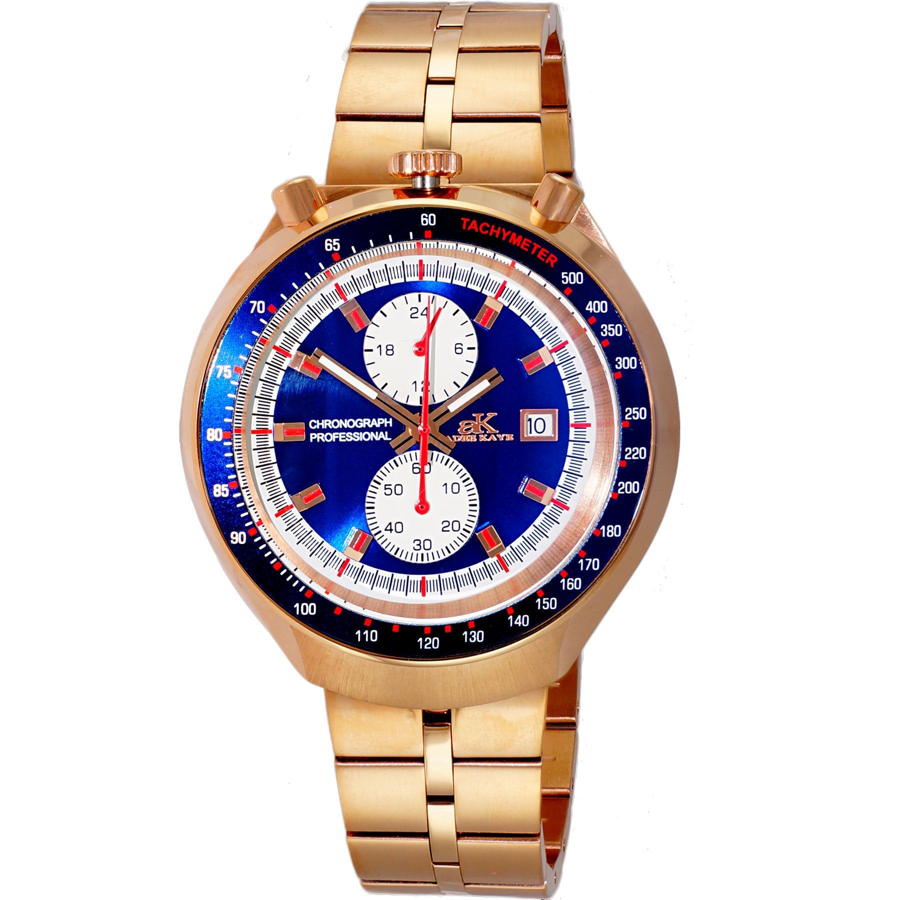Adee Kaye men’s gold-tone chronograph watch with blue dial and tachymeter bezel