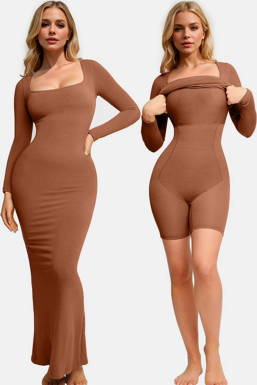 Caramel long-sleeve maxi shapewear dress with square neckline, body-hugging fit