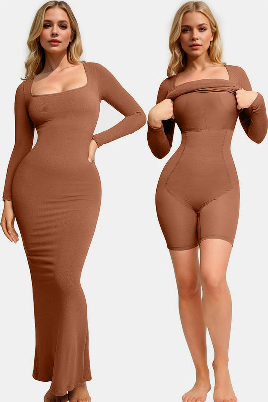 Caramel long-sleeve maxi shapewear dress with square neckline, body-hugging fit