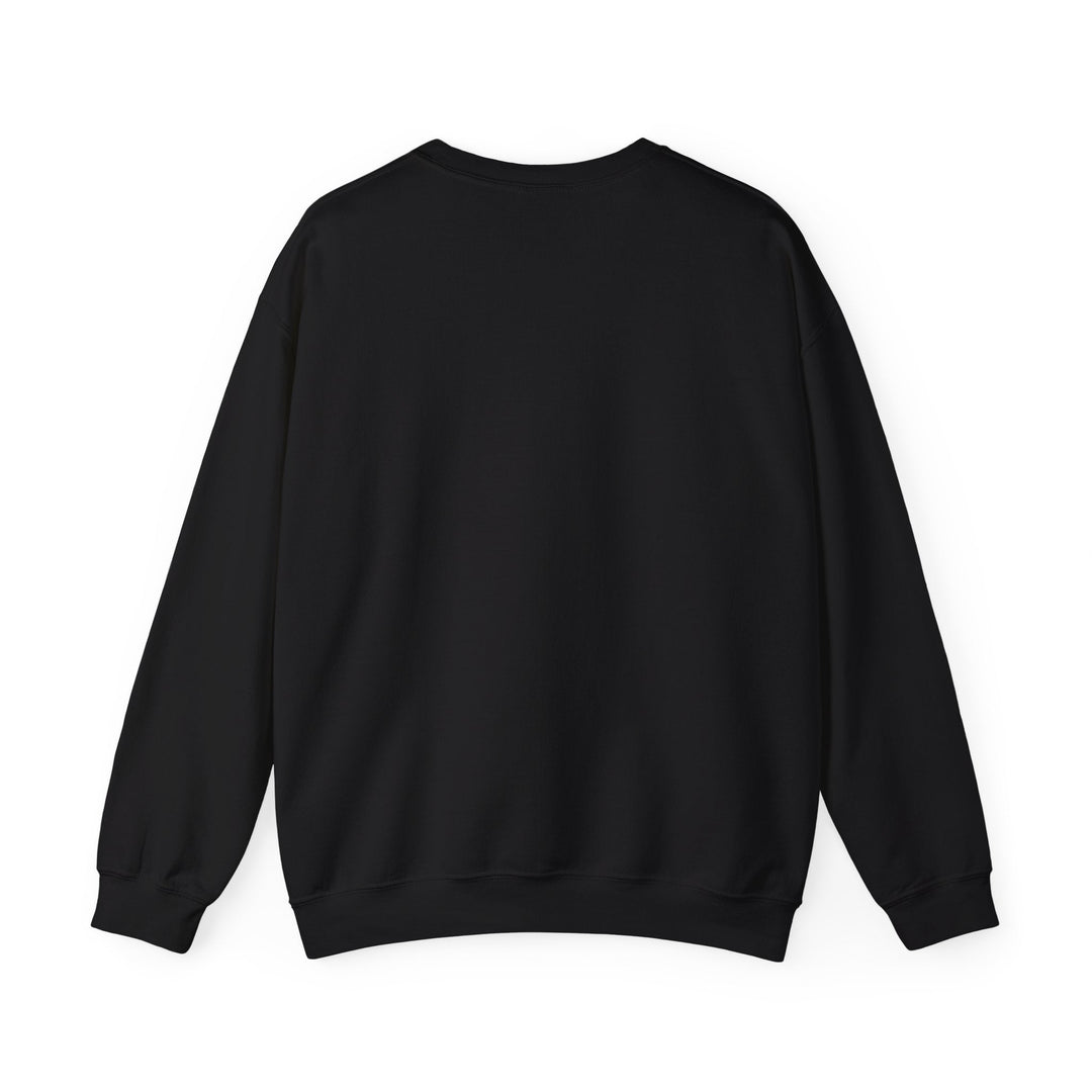 Unisex black crewneck sweatshirt back view, plain with ribbed cuffs and hem