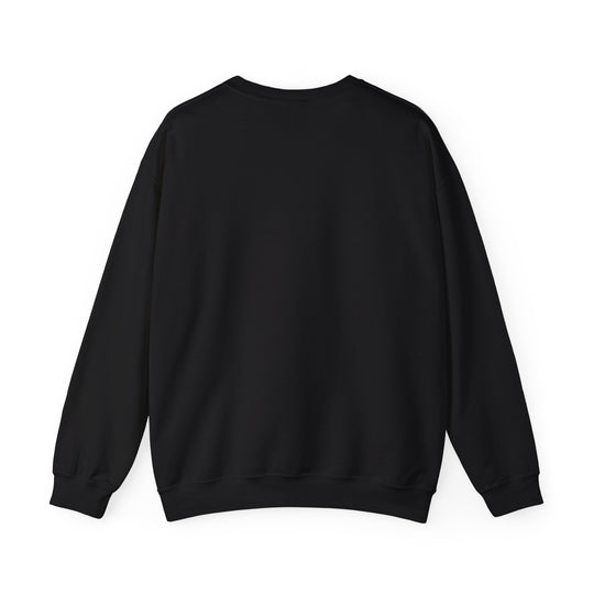 Unisex black crewneck sweatshirt back view, plain with ribbed cuffs and hem