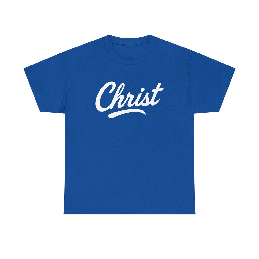 Royal blue unisex T-shirt with "Christ" script graphic on front