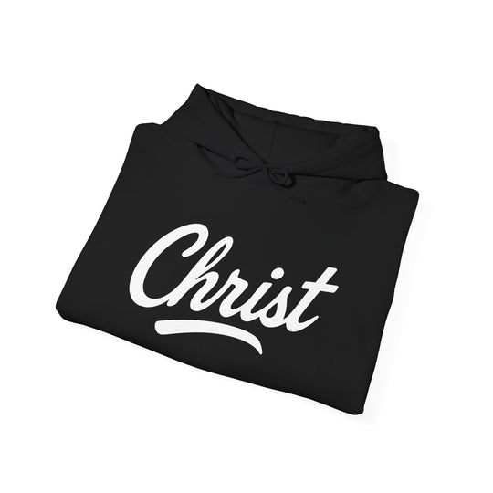 Black hoodie detail: white “Christ” script graphic, hood with drawstrings