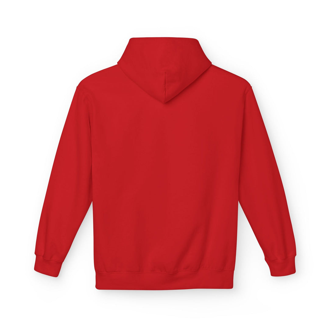 Red pullover hoodie with front hood and kangaroo pocket, solid color design.