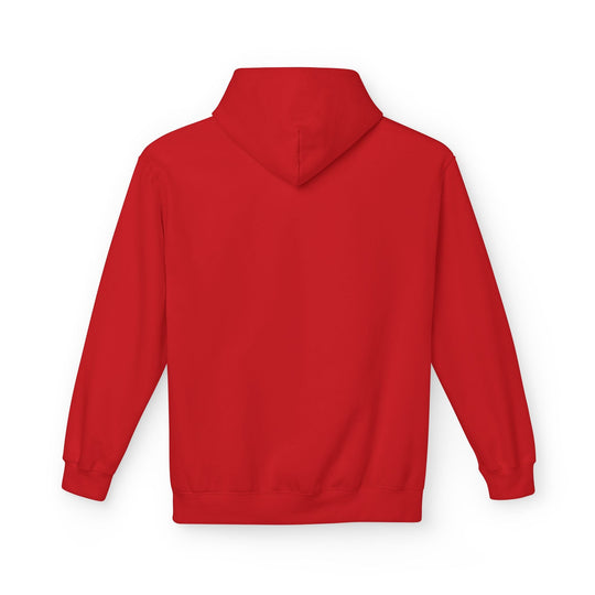 Red pullover hoodie with front hood and kangaroo pocket, solid color design.