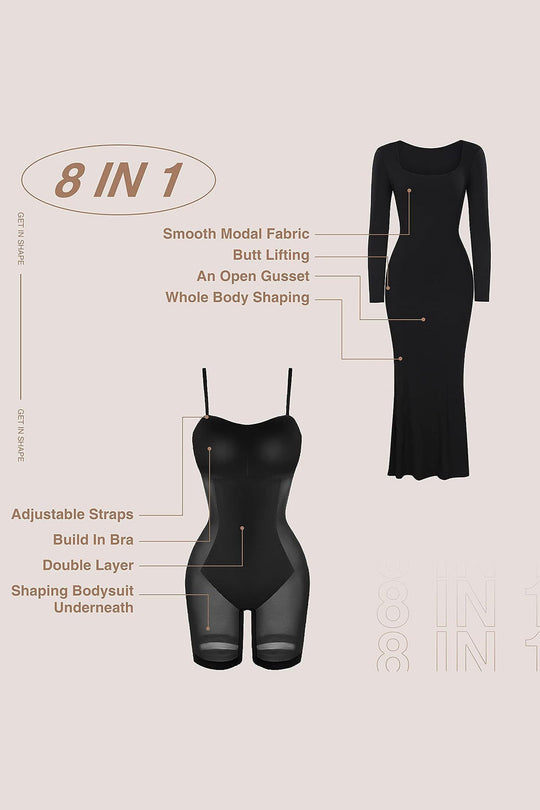 Black shapewear bodysuit diagram showing adjustable straps and open gusset shaping