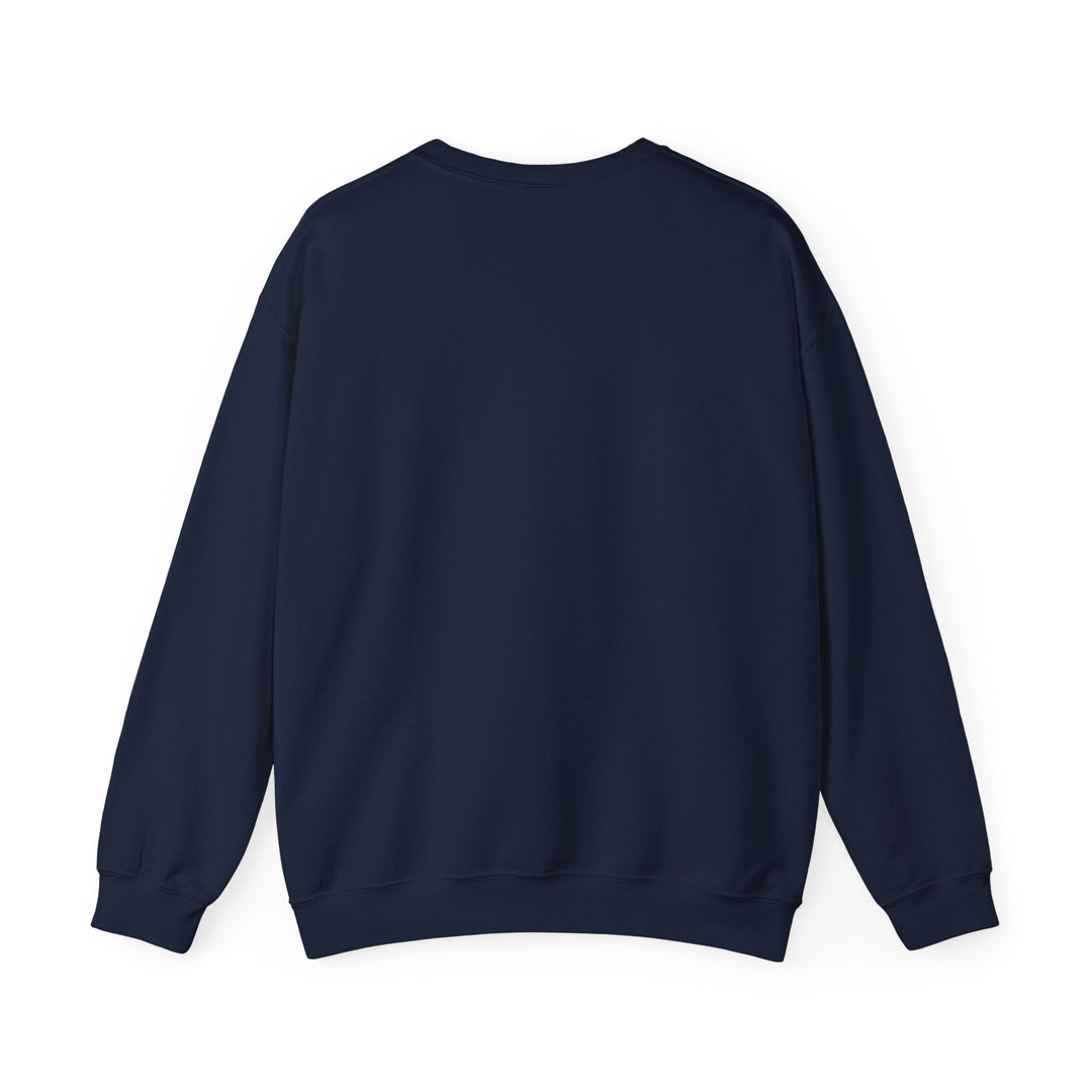 Unisex navy crewneck sweatshirt back view, plain design with ribbed cuffs and hem