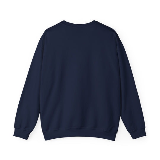 Unisex navy crewneck sweatshirt back view, plain design with ribbed cuffs and hem