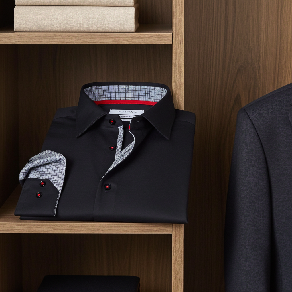 Black button-up shirt folded; contrast check collar lining and cuffs, red button accents.