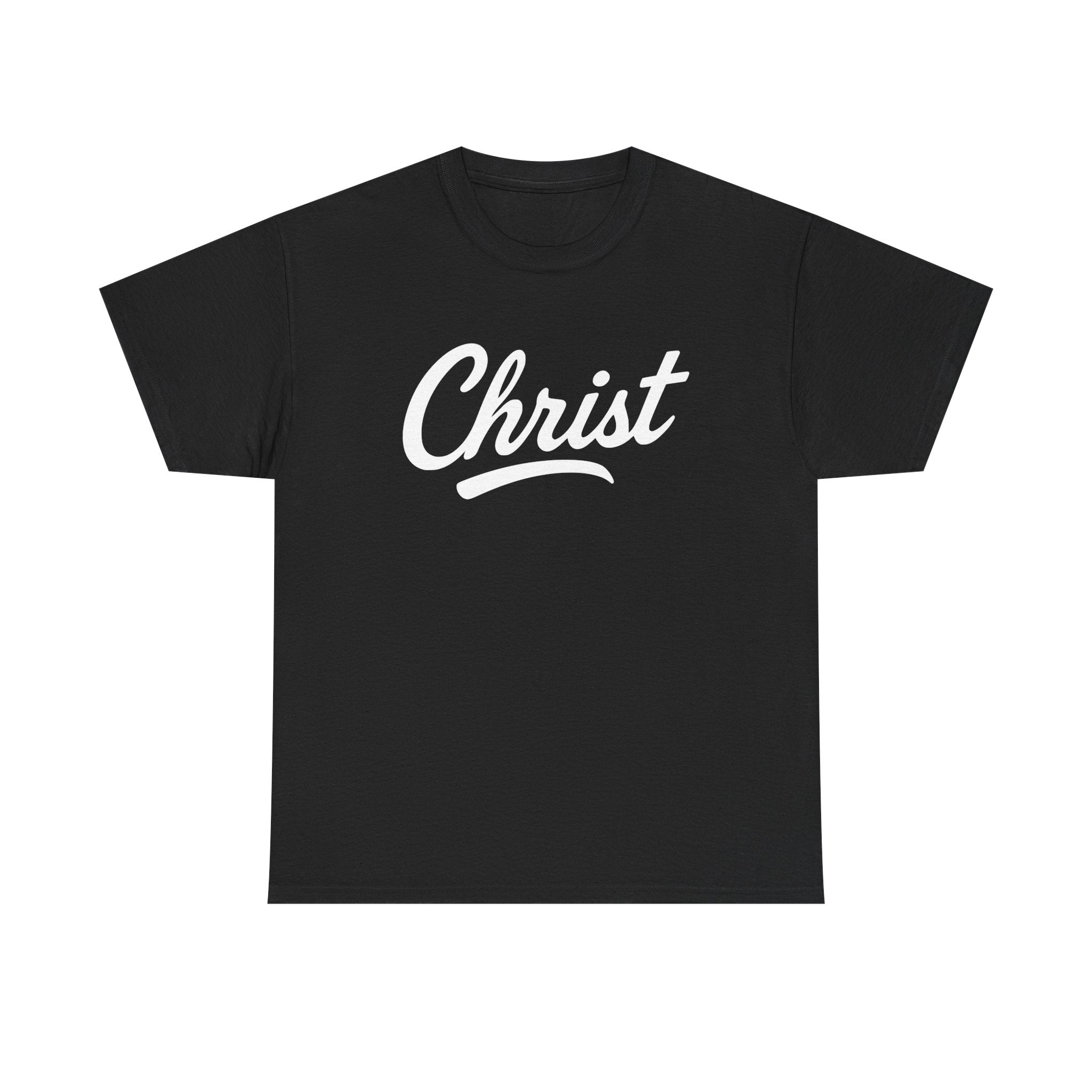 Black unisex T-shirt with "Christ" script graphic on front