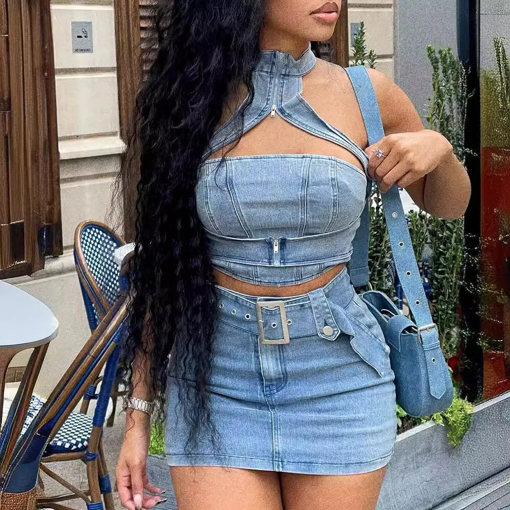 Blue denim mini dress set, halter crop top with zipper and fitted high-rise skirt