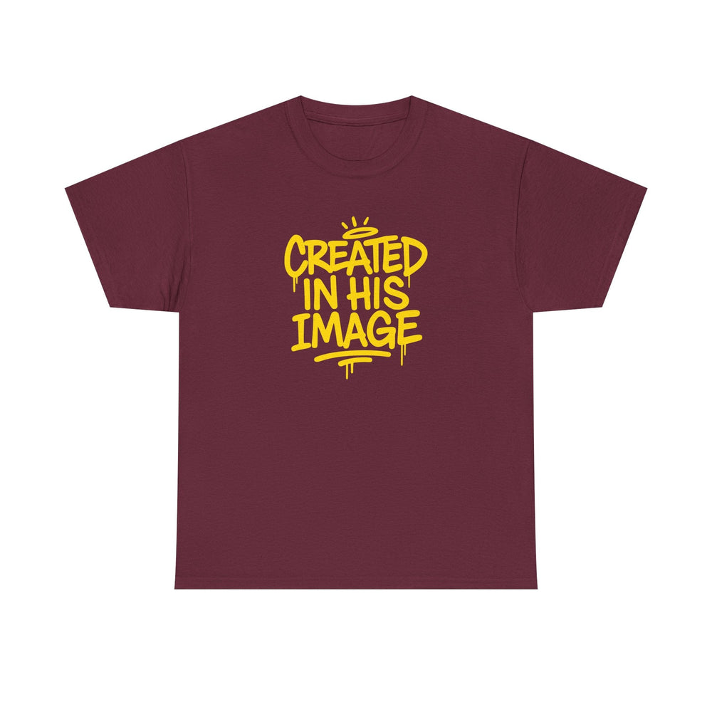 Maroon T-shirt with “Created In His Image” yellow graphic